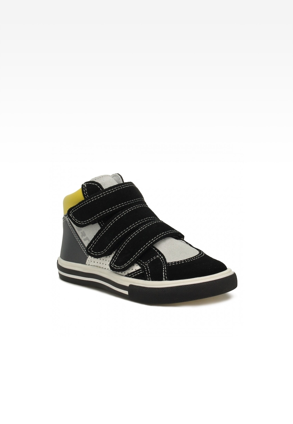 Trzewiki dziecięce BARTEK 94281-003 w kolorze szaro-czarnym z zapięciem na rzepy, żółtym elementem na pięcie i wygodną, sportową podeszwą.