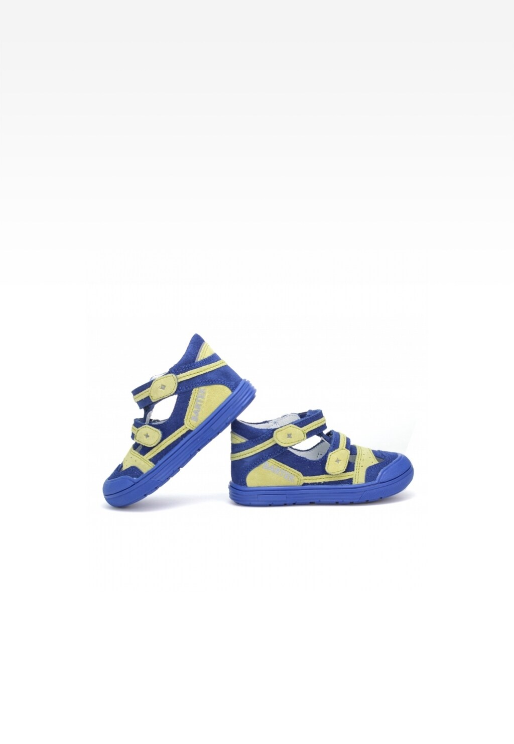 Niebiesko-żółte sandały zabudowane BARTEK T-81885-7/SDC dla dzieci z zapięciem na rzepy, widoczne z boku, z charakterystycznymi okrągłymi zapięciami.