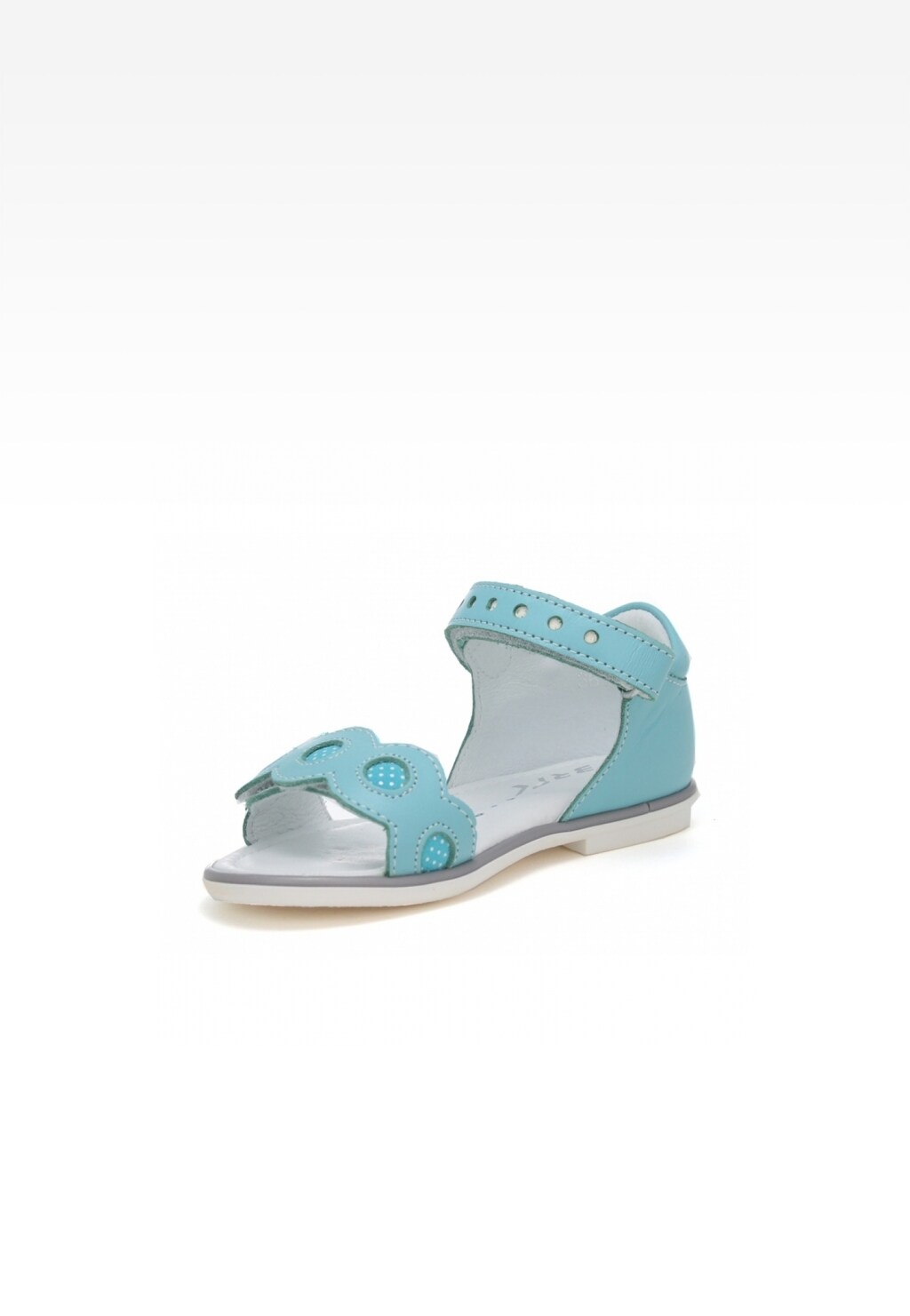 Turkusowe sandały Bartek T-36167/B08 dla dziewcząt z ozdobnym kwiatkiem na pasku, zapinane na rzep, z białą podeszwą i szarą podpodeszwą.
