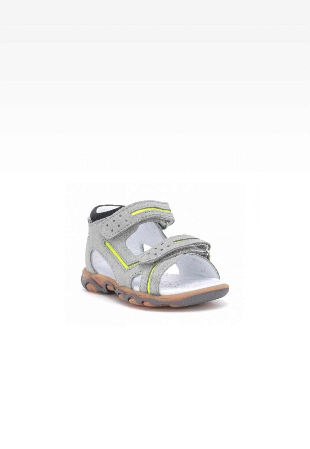 Szare sandały dziecięce Bartek W-71825/76G dla chłopców z żółtymi akcentami, zapinane na rzepy, z elastyczną podeszwą i wygodną wkładką.