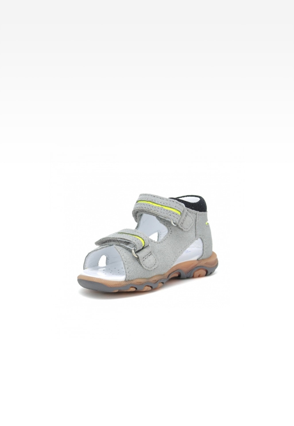 Szare sandały Bartek W-71825/76G dla chłopców z rzepami, żółtymi akcentami i brązową podeszwą, widok z boku.