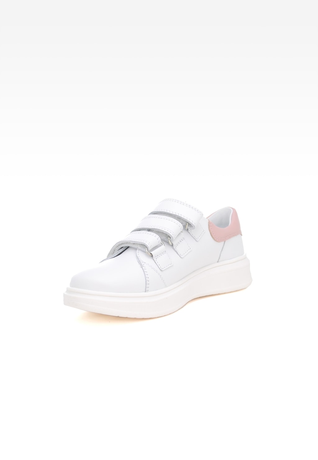 Białe sneakersy Bartek W-78220/B87 dla dziewcząt z różowym detalem z tyłu, zapinane na trzy rzepy, na grubej podeszwie, widok z boku.
