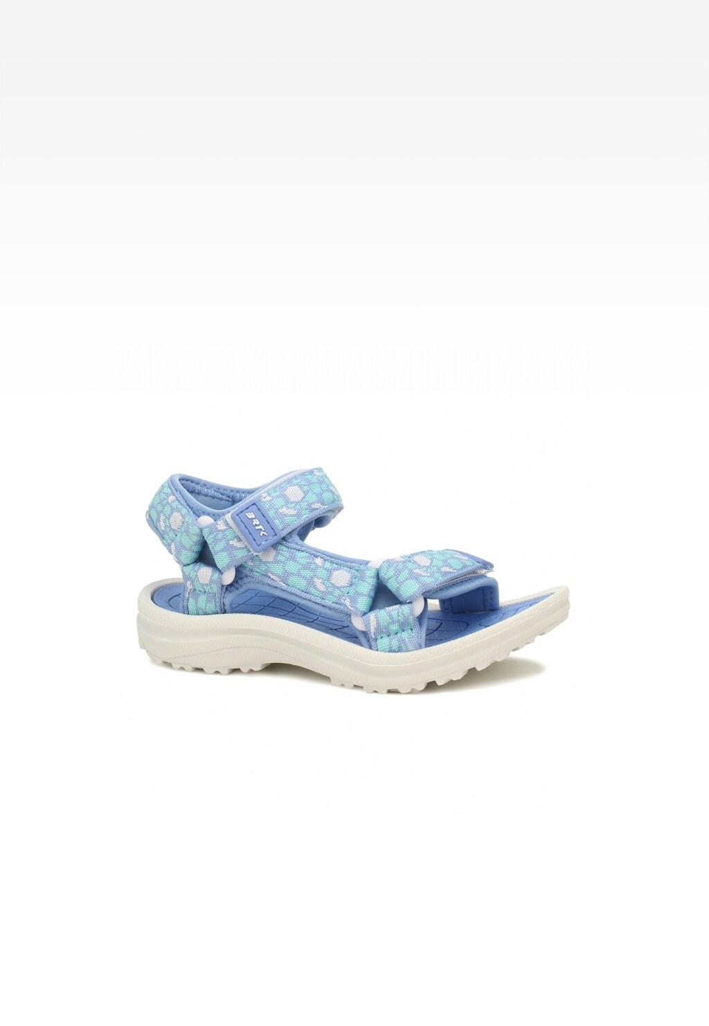 Niebiesko-białe sandały dziewczęce BARTEK 19058002 z ozdobnym wzorem w kropki, zapinane na rzep, z wygodną podeszwą i miękką wyściółką, idealne na letnie dni.