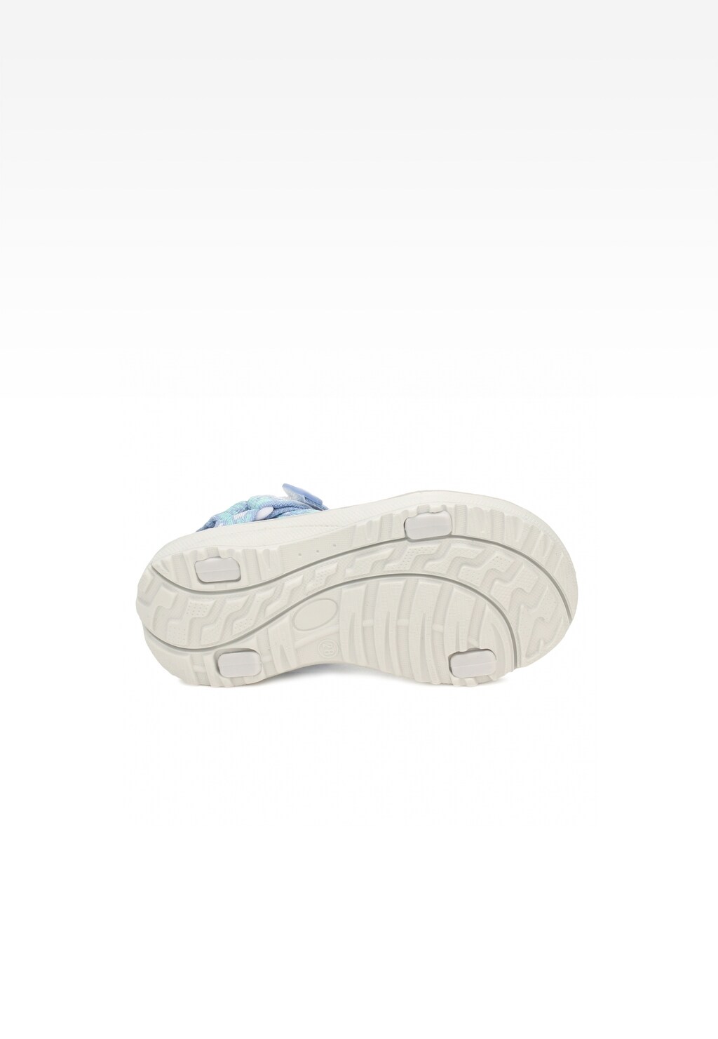 Podeszwa sandałów Bartek 19058002 dla dziewcząt w kolorze niebiesko-białym, widok od spodu, ukazujący ergonomiczny kształt i strukturę bieżnika.