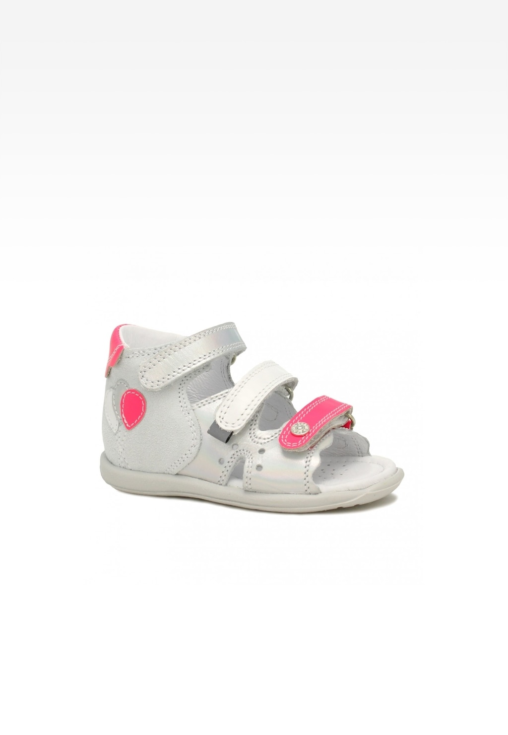 Dziewczęce sandały Bartek 71158-0011 w szaro-różowym kolorze z trzema rzepami, ozdobione różowym sercem z tyłu, idealne na lato.