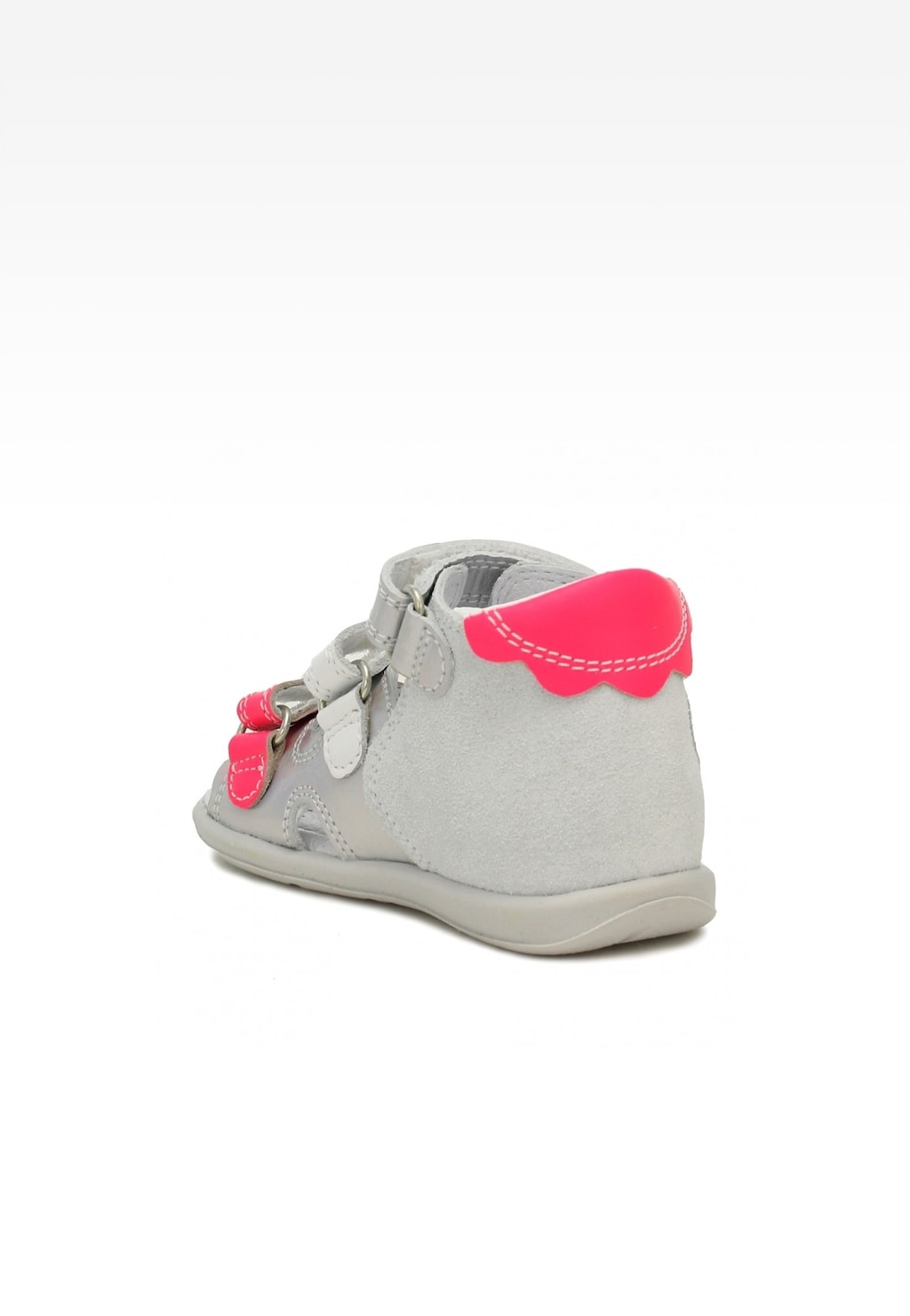Dziewczęce sandały BARTEK 71158-0011 w szaro-różowym kolorze, z rzepami do zapinania i ozdobnym różowym wykończeniem. Idealne na lato.