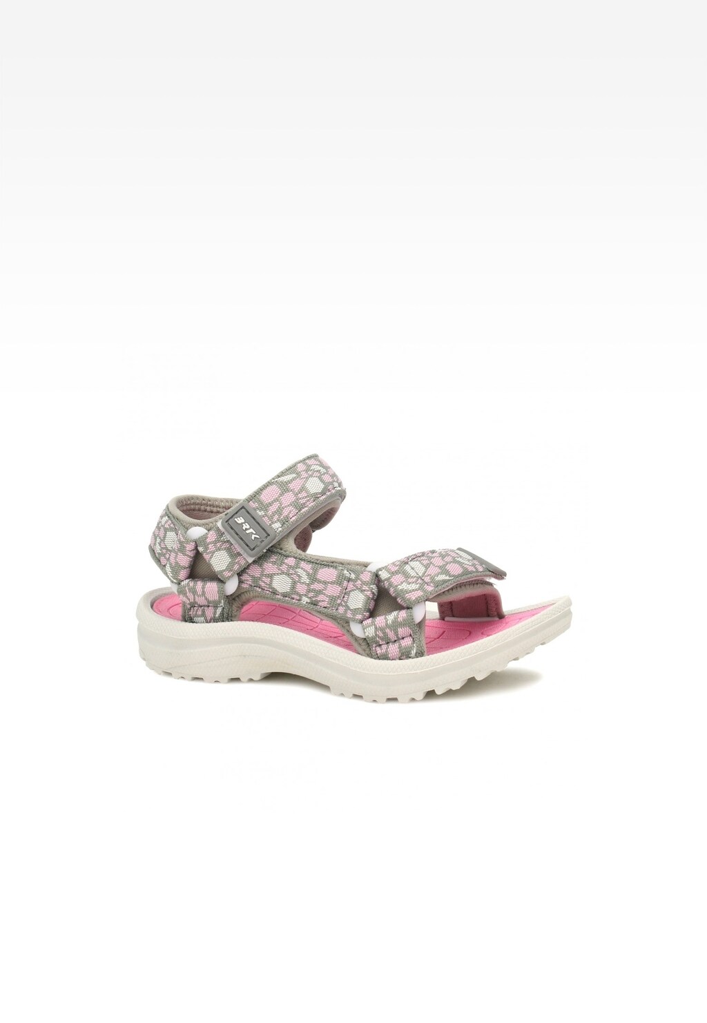 Dziewczęce sandały Bartek 16058005 w biało-szaro-różowej kolorystyce z wzorzystymi rzepami, różową wkładką i jasną podeszwą - idealne na lato dla aktywnych dzieci.