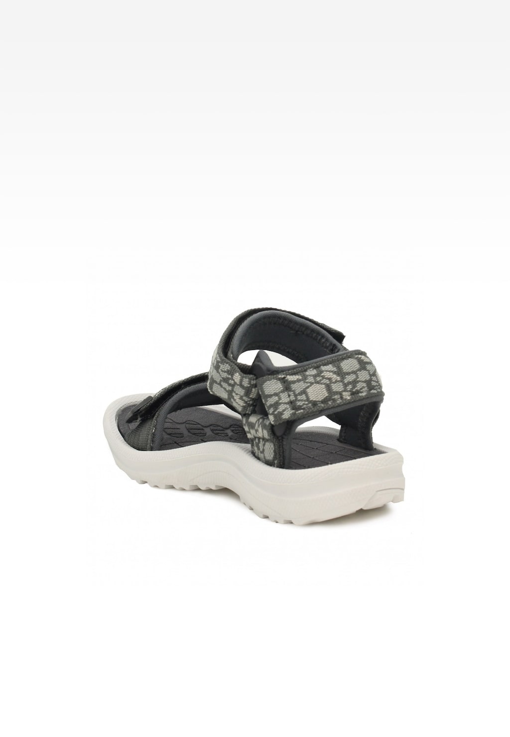 Dziewczęce sandały Bartek 19058001 w czarno-szarym kolorze, z wzorzystymi paskami na rzepy, na białej wytrzymałej podeszwie, widok z boku.