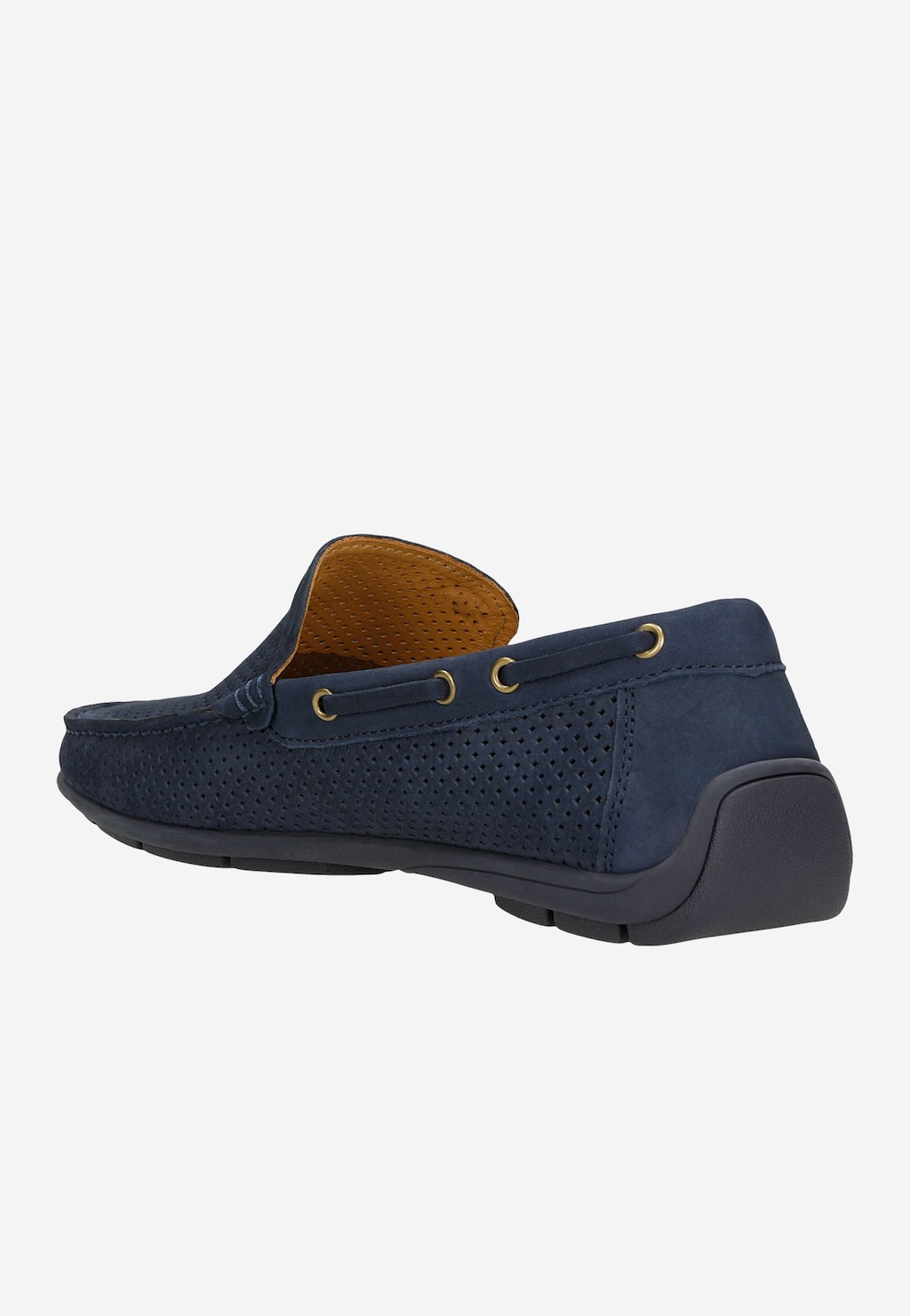 Granatowe mokasyny Wojas 10103-26 z perforowaną skórą nubukową, widok z boku ukazujący charakterystyczne przeszycia, ozdobne sznurówki i ergonomiczną podeszwę.