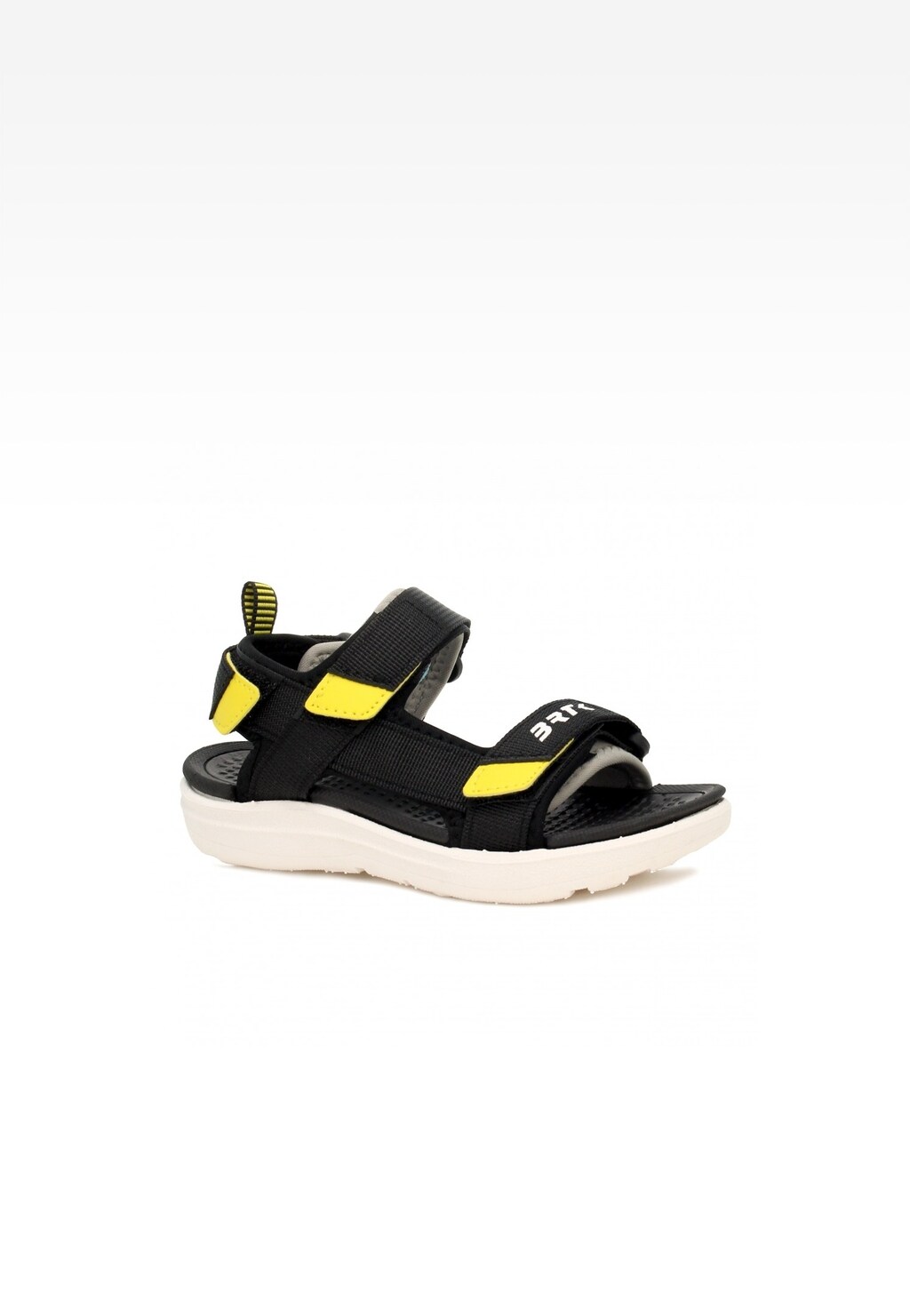 Sandały dziewczęce BARTEK 19054004 w czarno-żółtym kolorze z rzepami, na lekkiej białej podeszwie, widok z boku.