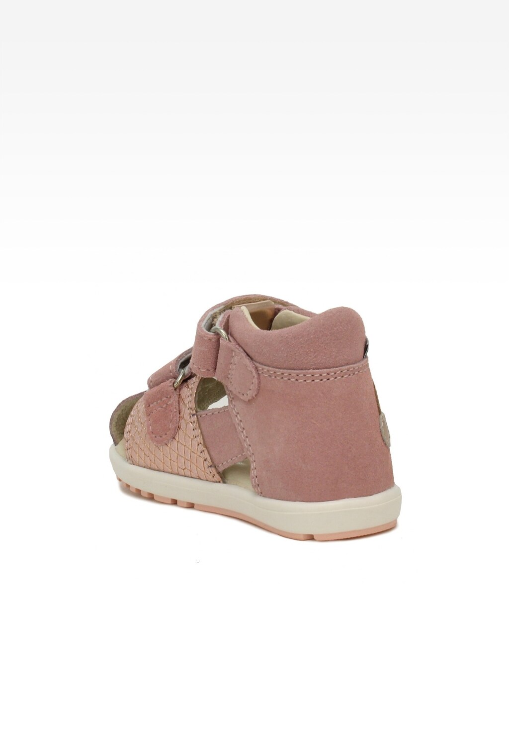 Jasnoróżowe sandałki dziecięce Bartek Mini first steps 71179-0008 dla dziewcząt, z zapięciem na rzepy i ozdobną fakturą, idealne dla pierwszych kroków.