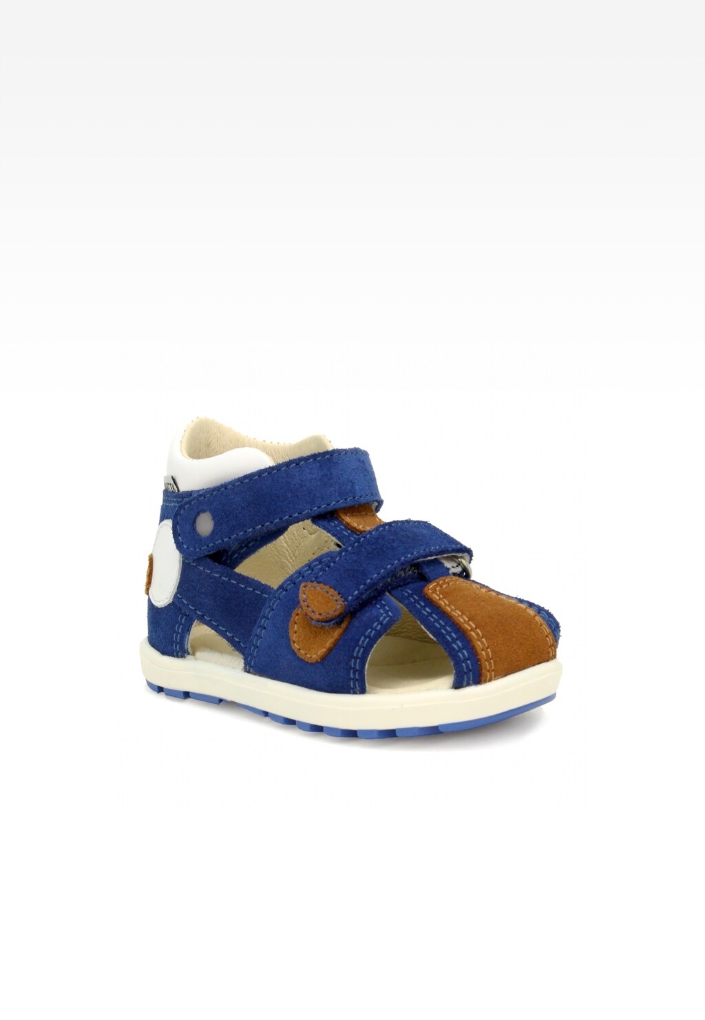 Granatowo-brązowe sandały Bartek Mini first steps 71179-0011 dla chłopców z rzepami, widoczne z profilu. Zamknięty nosek, wygodna podeszwa i miękkie wykończenie.