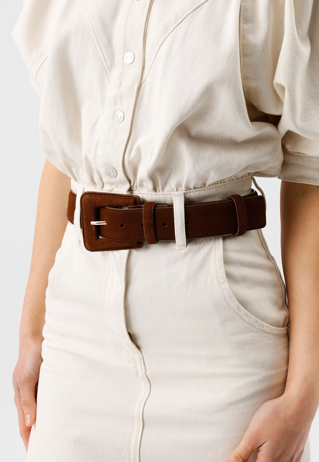 Skórzany pasek damski z dwoiny welurowej w kolorze jasnego brązu 93054-63 Widok 1