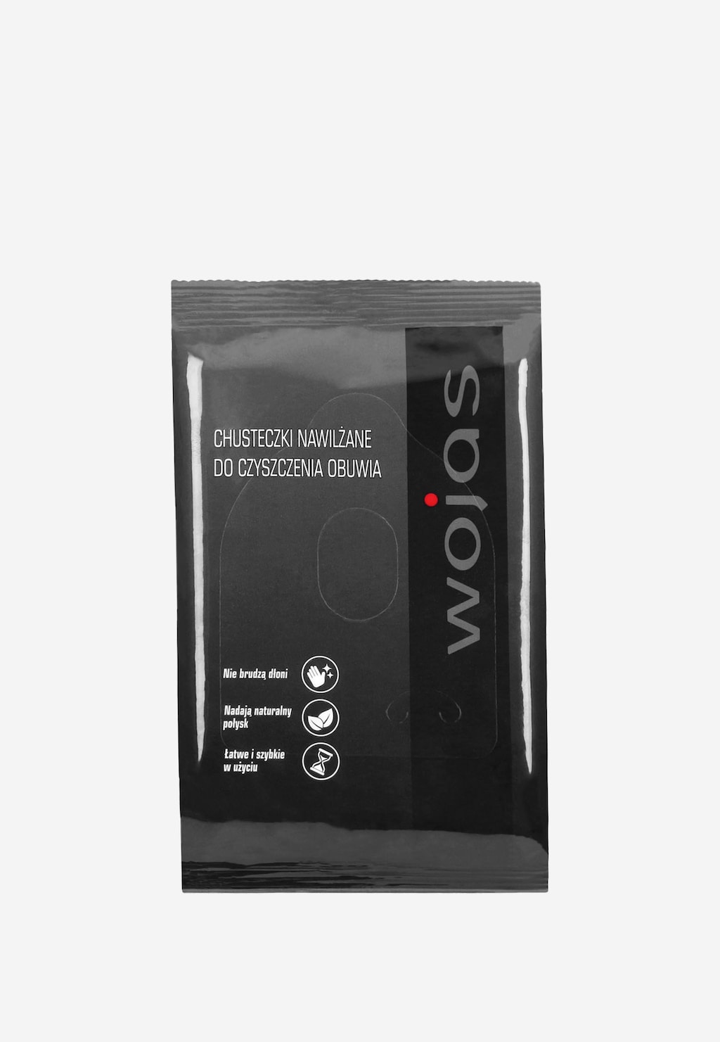 Chusteczki nawilżane do czyszczenia obuwia Wojas model 99600-00 w czarnym opakowaniu z logo marki i informacjami o właściwościach produktu.