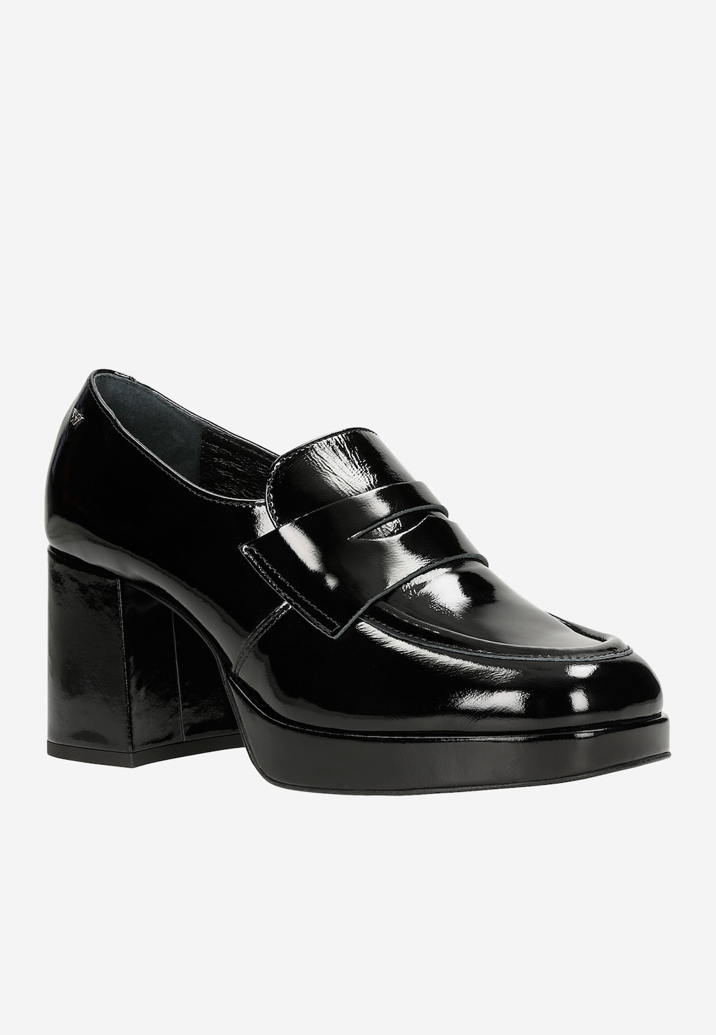Czarne lakierowane mokasyny damskie Wojas 46183-31 z lśniącą powierzchnią, masywnym kwadratowym obcasem i platformą, idealne do eleganckich stylizacji.