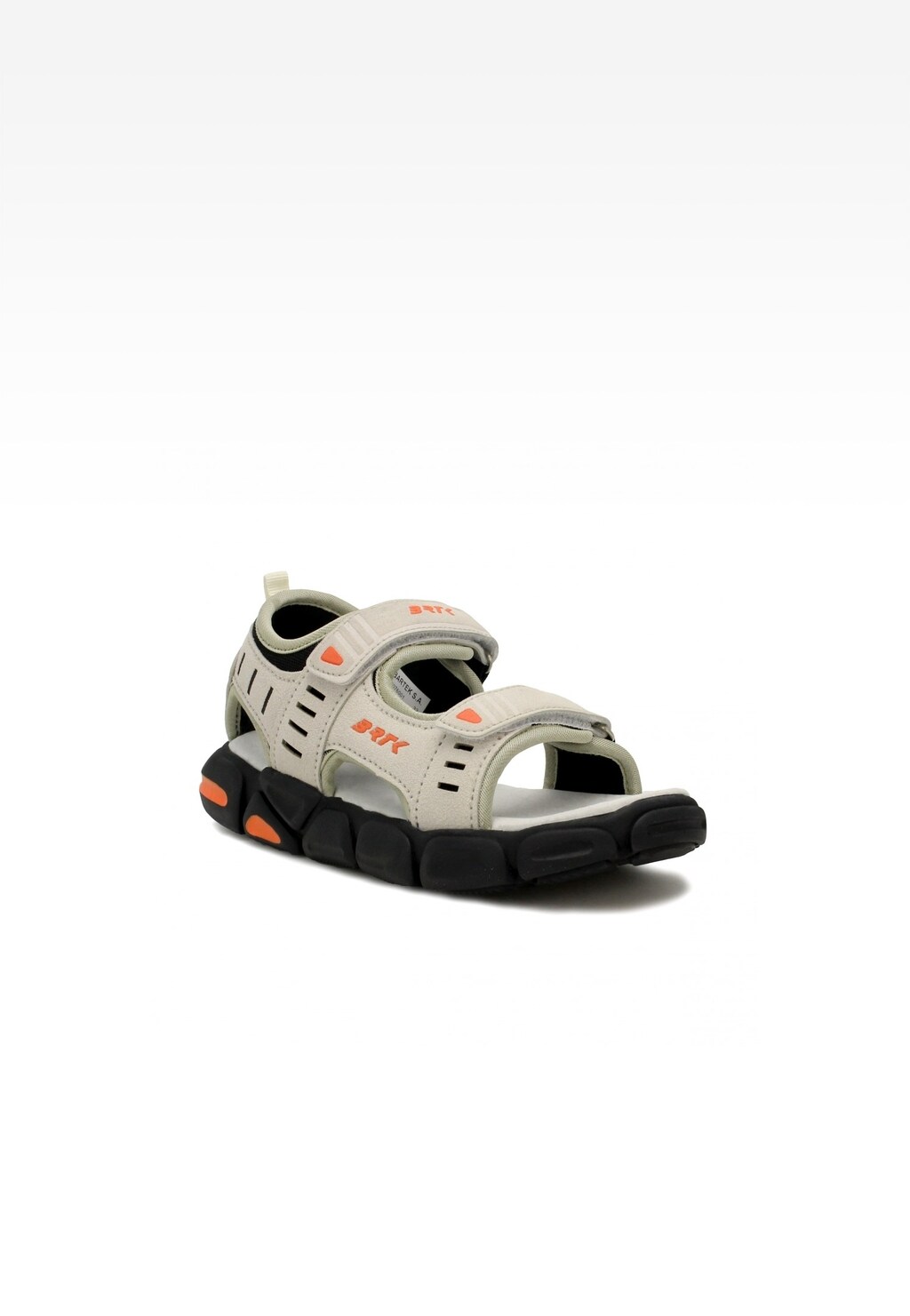 Beżowe sandały dziecięce Bartek 19076001 z rzepami, pomarańczowymi akcentami i czarną podeszwą, widok z boku ukazujący sportowy design i przewiewne wycięcia.
