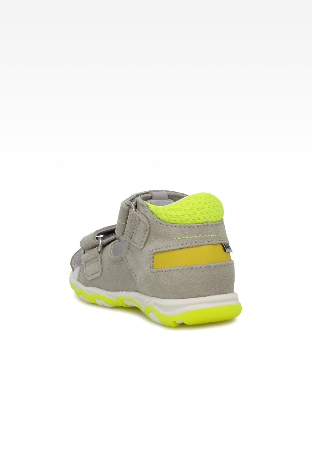Profilaktyczne buty Bartek 71170-0014 dla chłopców z szarej zamszowej skóry z neonowo-żółtymi elementami, zapinane na rzepy, widok z tyłu.