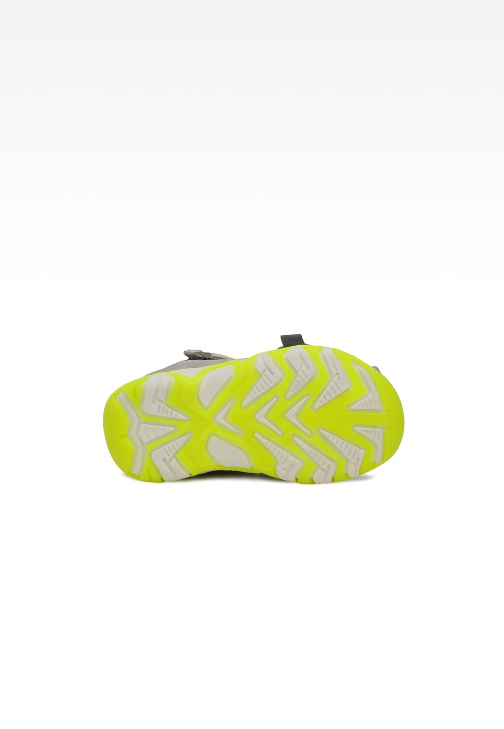 Podeszwa buta profilaktycznego Bartek 71170-0014 dla chłopców w kolorze szarym, z jaskrawożółtą powierzchnią i białym wzorem bieżnika zapewniającym przyczepność.