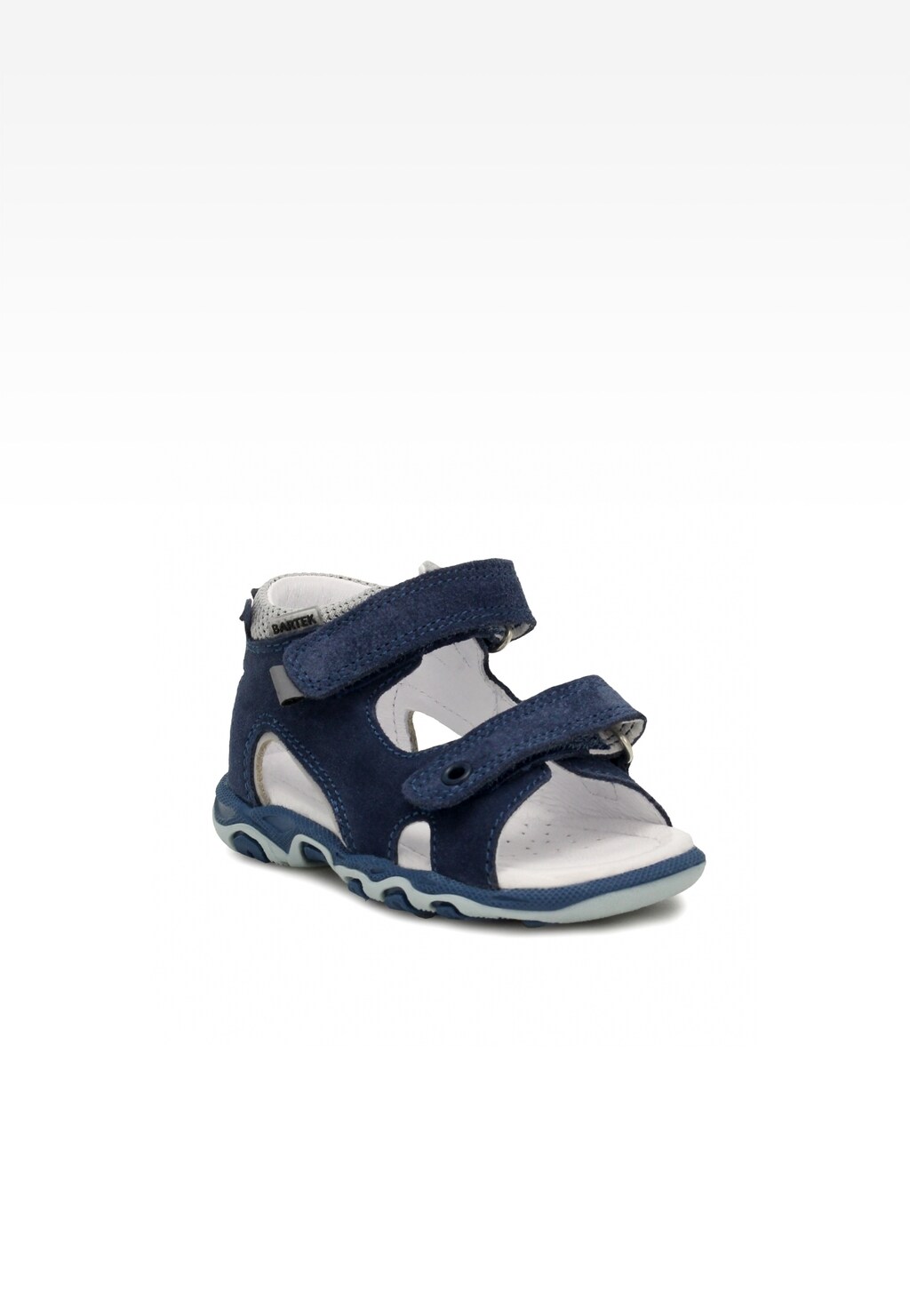 Granatowe sandały dziecięce BARTEK 115990-07 dla chłopców z dwoma rzepami, białą wyściółką i profilowaną podeszwą, prezentowane z boku.
