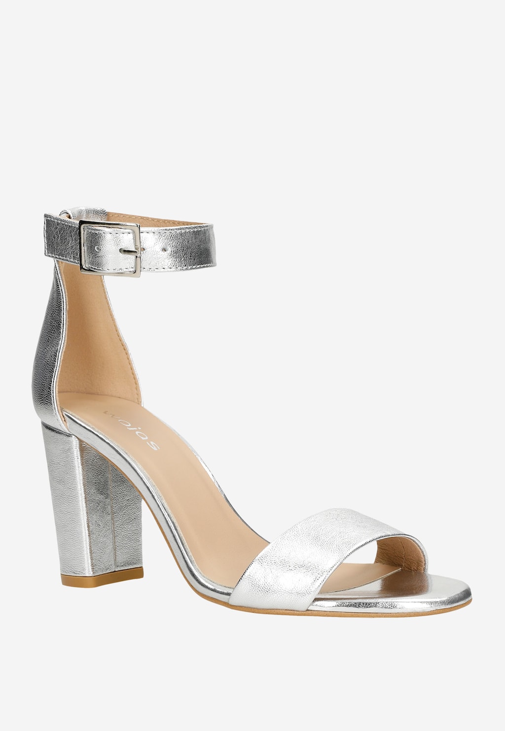 Eleganckie srebrne sandały damskie Wojas model 76028-57 na stabilnym słupku z szerokim paskiem na podbiciu i zapięciem wokół kostki, idealne na wieczorne wyjścia.