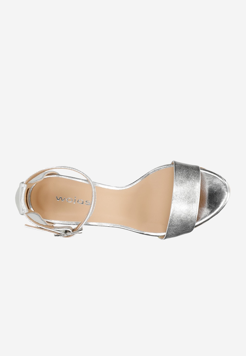 Eleganckie srebrne sandały damskie Wojas model 76028-57 na słupku, widok z góry. Charakterystyczny pasek na przodzie i regulowany pasek wokół kostki z klamrą.