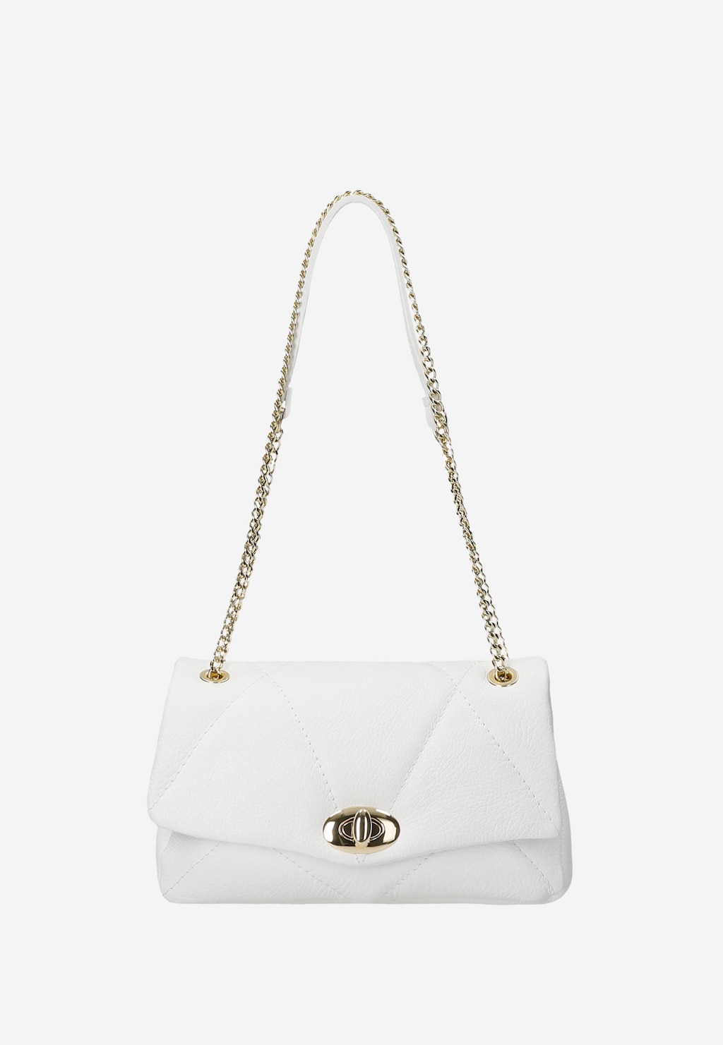 Biała pikowana torebka Wojas model 80287-50 z eleganckim złotym łańcuszkiem i dekoracyjnym zapięciem, doskonała do stylizacji na różne okazje.