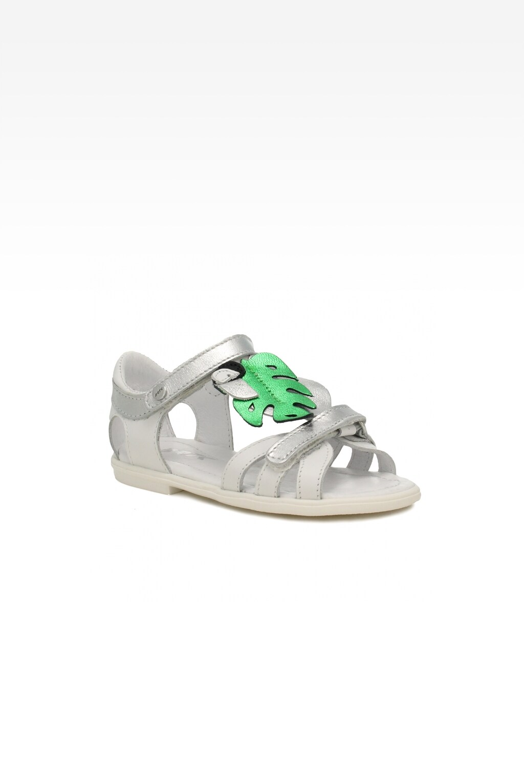 Białe sandały dziewczęce Bartek 16182037 z zielonym, metalicznym liściem na przodzie, zapinane na dwa rzepy, idealne na letnie dni.