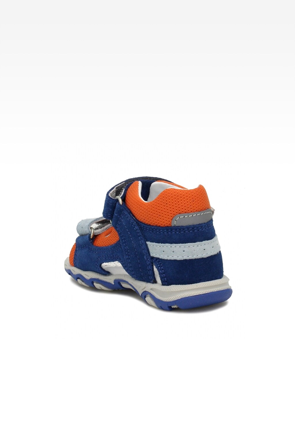 Niebiesko-pomarańczowe sandały BARTEK 11848-020 dla chłopców, z widocznym rzepem, sportowym wykończeniem i wzmocnioną piętą, pokazane z tyłu.