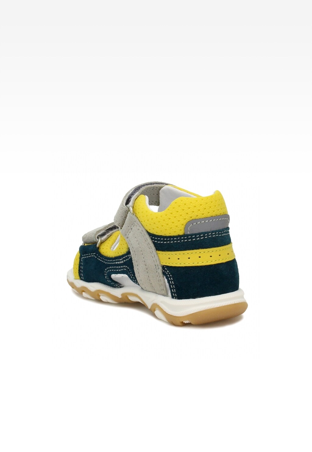 Zielono-żółte sandały dziecięce Bartek 11848-022 z zapięciem na rzep, widok z tyłu, z perforowaną cholewką i gumową podeszwą, idealne dla chłopców.