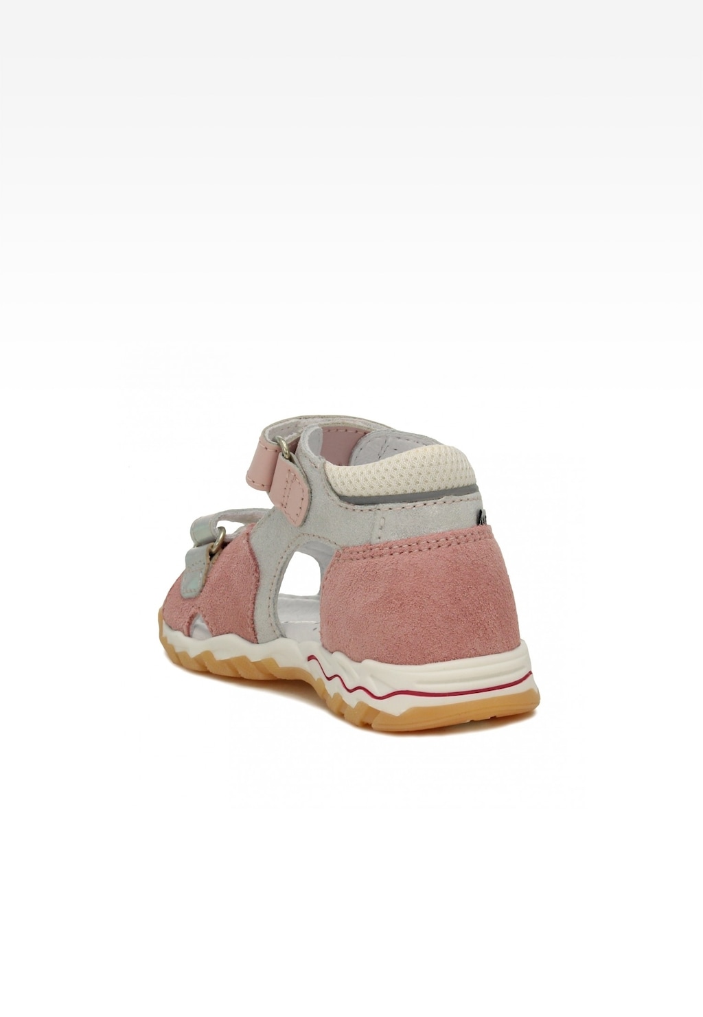 Różowo-srebrne sandały dziecięce Bartek 11487003 dla dziewczynki, widok z boku z zapięciem na rzep i charakterystyczną podeszwą z gumowym wykończeniem.
