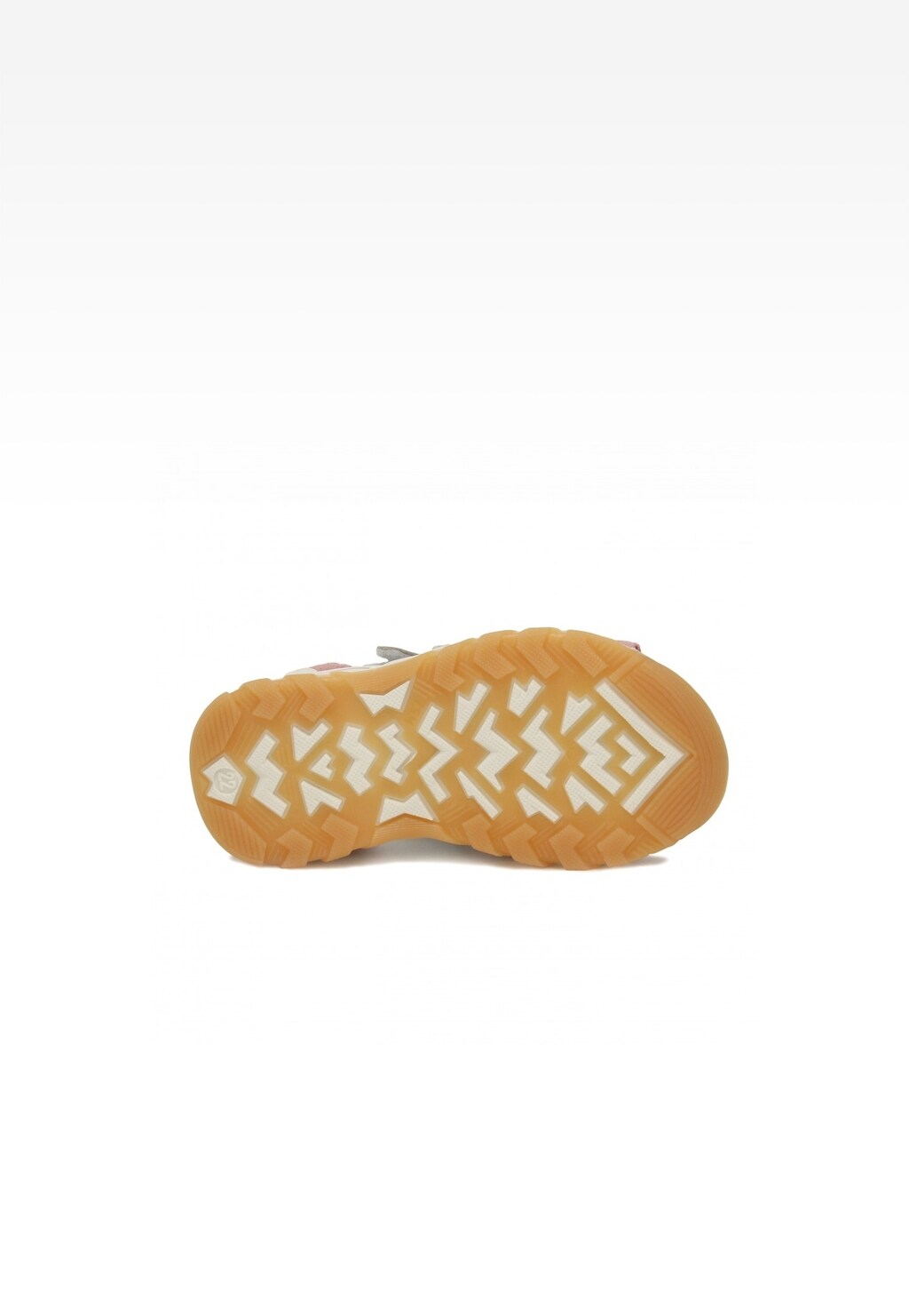 Podeszwa sandałów dziecięcych Bartek 11487003 dla dziewczynki w kolorze różowo-srebrnym, z charakterystycznym beżowym bieżnikiem o geometrycznym wzorze zapewniającym przyczepność.