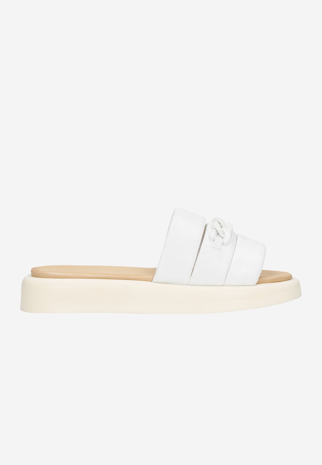 Białe klapki damskie z ozdobnym łańcuszkiem i beżową podeszwą 74084-59 Widok 2