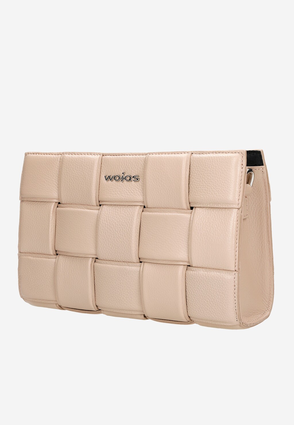 Beżowa torebka damska Wojas model 80235-54 ze skóry licowej, z charakterystycznym plecionym wzorem, widoczna z boku, z metalowym logo marki na froncie.