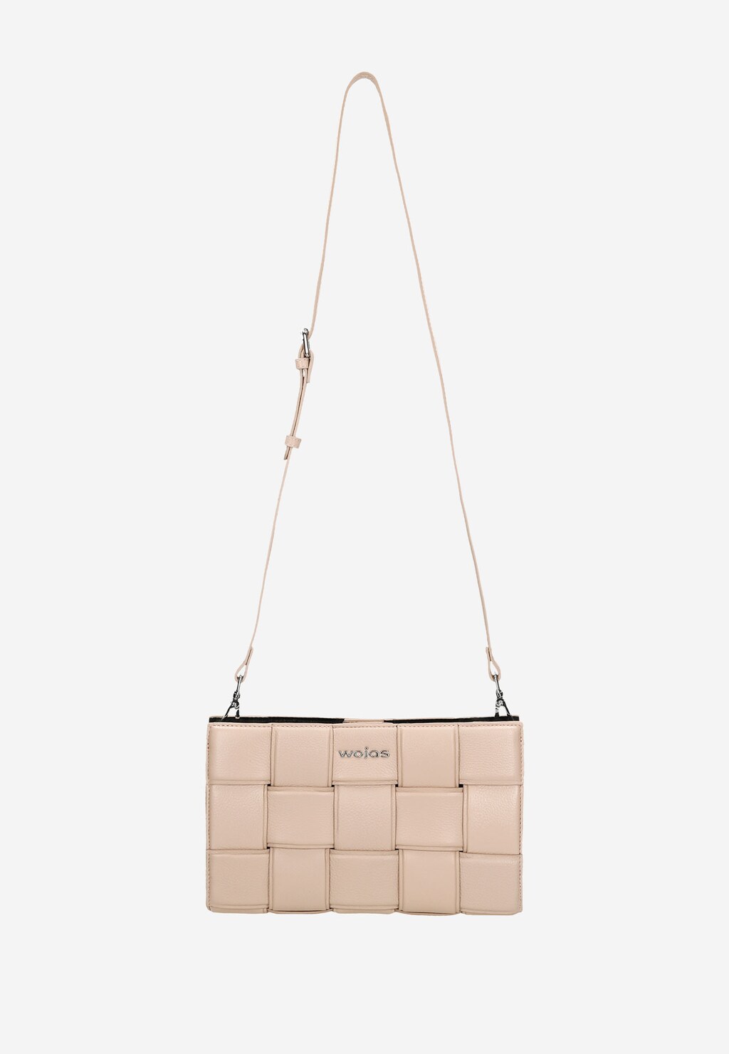 Beżowa torebka damska Wojas 80235-54 ze skóry licowej o plecionej strukturze, z długim paskiem na ramię i metalowymi elementami.