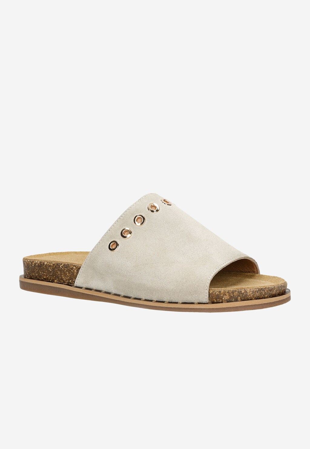 Beżowe klapki damskie Wojas model 74028-67 z korkową podeszwą, ozdobione złotymi kółkami na pasku. Eleganckie obuwie letnie ze skórzanym wykończeniem.