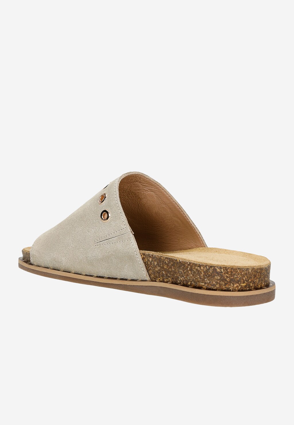 Beżowe klapki damskie Wojas model 74028-67 z korkową podeszwą, widok z boku ukazujący zamszową cholewkę ozdobioną złotymi kółkami na pasku.