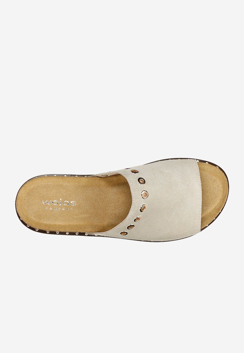 Beżowe klapki damskie Wojas model 74028-67 z widokiem z góry, pokazujące charakterystyczny pasek ozdobiony złotymi kółkami oraz wygodną, anatomiczną podeszwę.