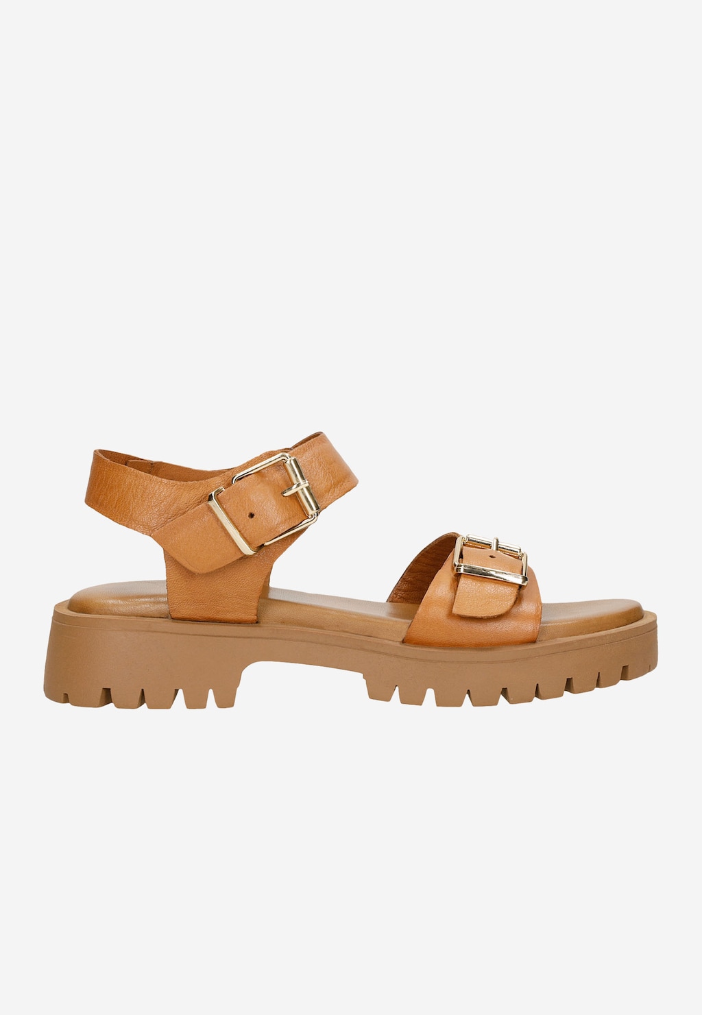 Brązowe sandały damskie Wojas model 76108-53 z dwoma klamrami, na grubej, profilowanej podeszwie, widok z boku, wykonane ze skóry w karmelowym odcieniu.