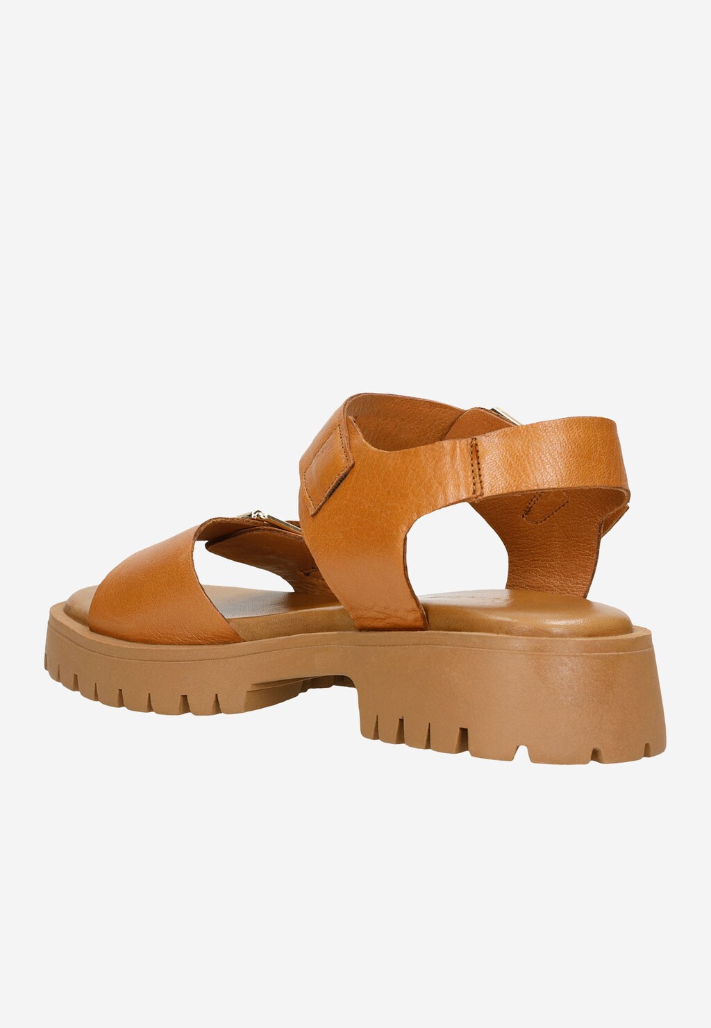 Brązowe skórzane sandały damskie Wojas 76108-53 z grubą, profilowaną podeszwą, widok z boku ukazujący regulowany pasek na rzep.