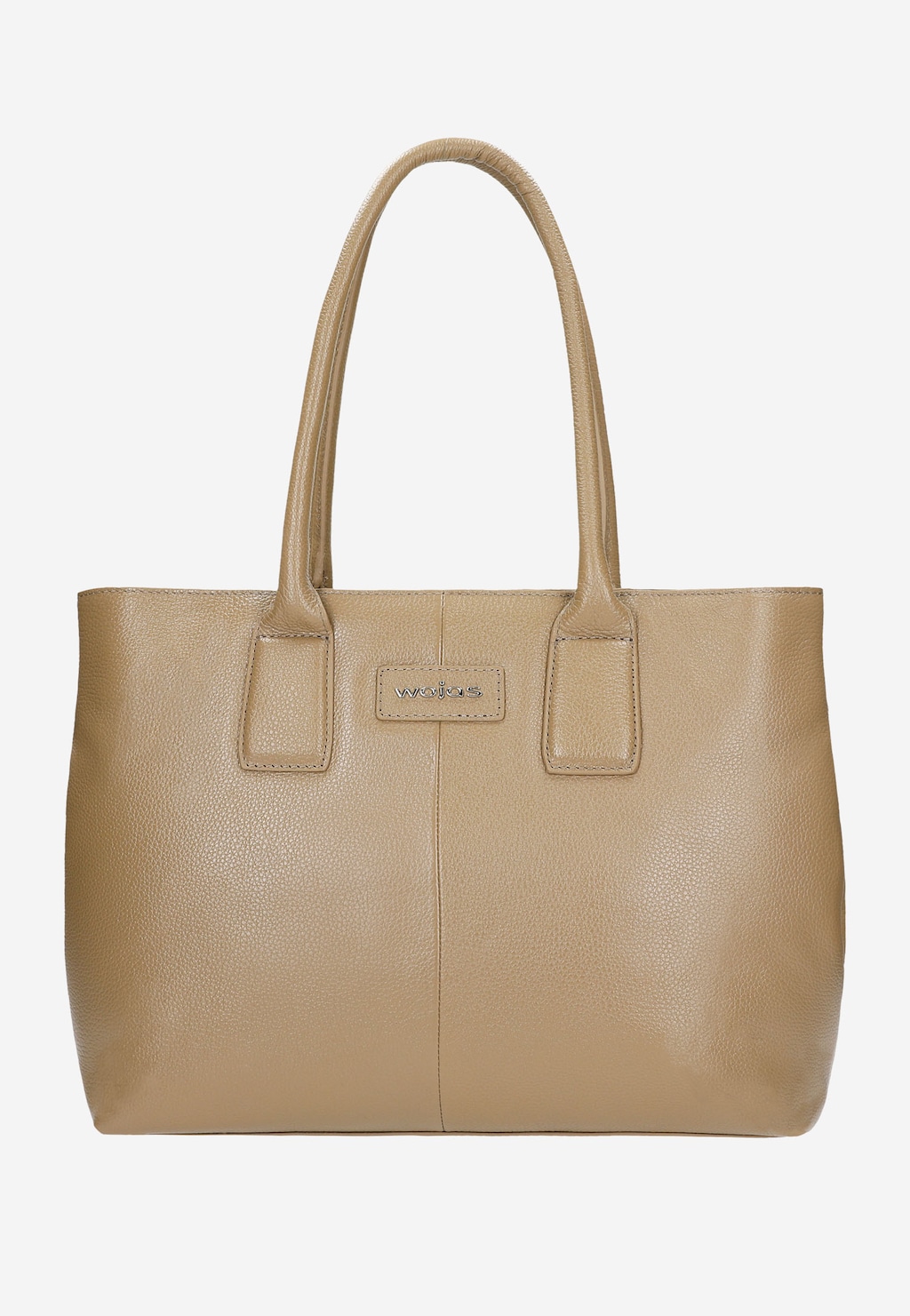 Elegancka beżowa torebka damska Wojas 80236-54 z długimi rączkami, prezentowana z przodu. Skórzany shopper o prostym kroju z widocznym logo marki na froncie.