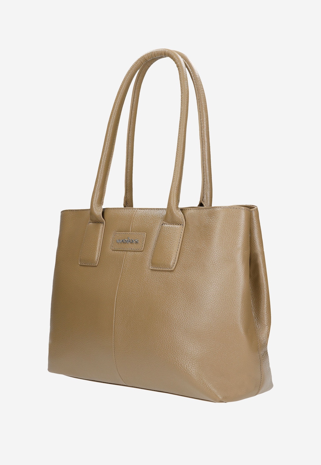 Beżowa torebka damska Wojas model 80236-54 z długimi rączkami, wykonana z teksturowanej skóry, widok z przodu ukazujący elegancki, prostokątny kształt i firmowe logo.