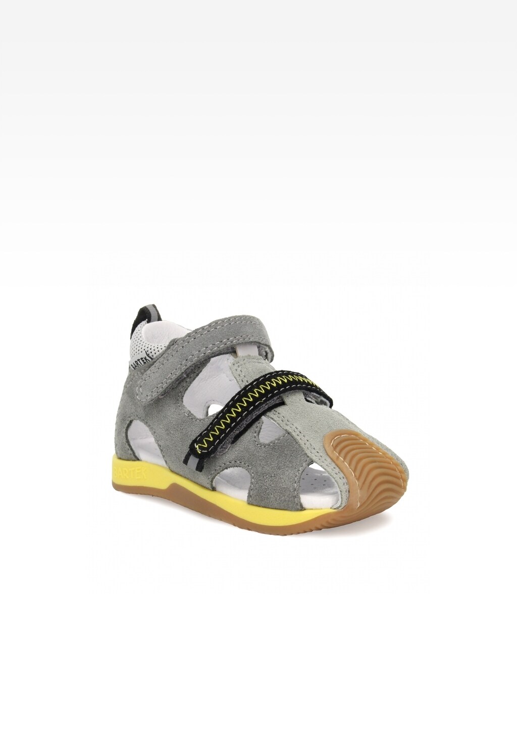 Profilaktyczne sandały dziecięce Bartek 81772-002 w kolorze szaro-żółtym, z rzepem i elastycznym zapięciem, na gumowej podeszwie, widok z przodu.