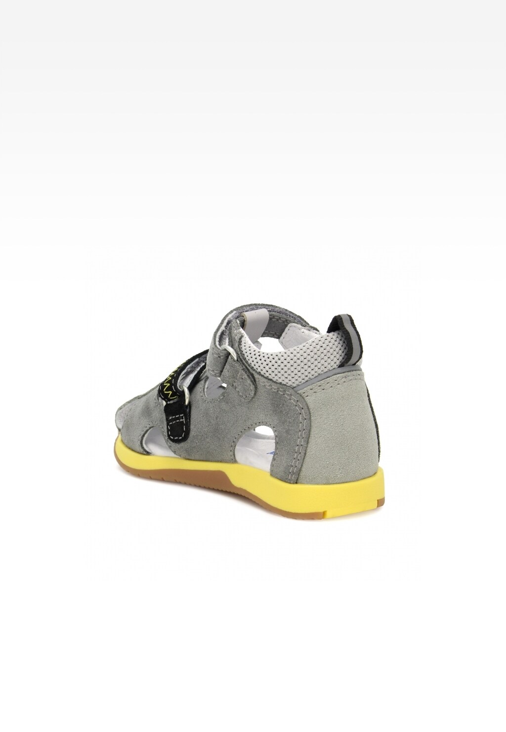 Profilaktyczne sandały dziecięce Bartek 81772-002 w szaro-żółtym kolorze dla chłopców, z rzepem, zapięciem na klamrę i żółtą podeszwą, widok z tyłu.