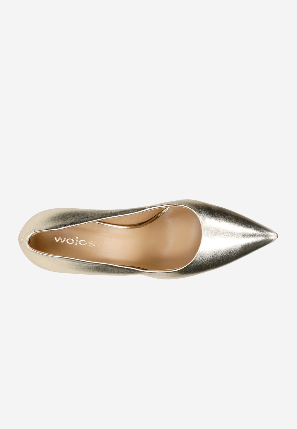 Złote skórzane szpilki Wojas model 35094-58 ukazane z góry, pokazujące spiczasty nosek i eleganckie wykończenie wnętrza buta z widocznym logo marki.