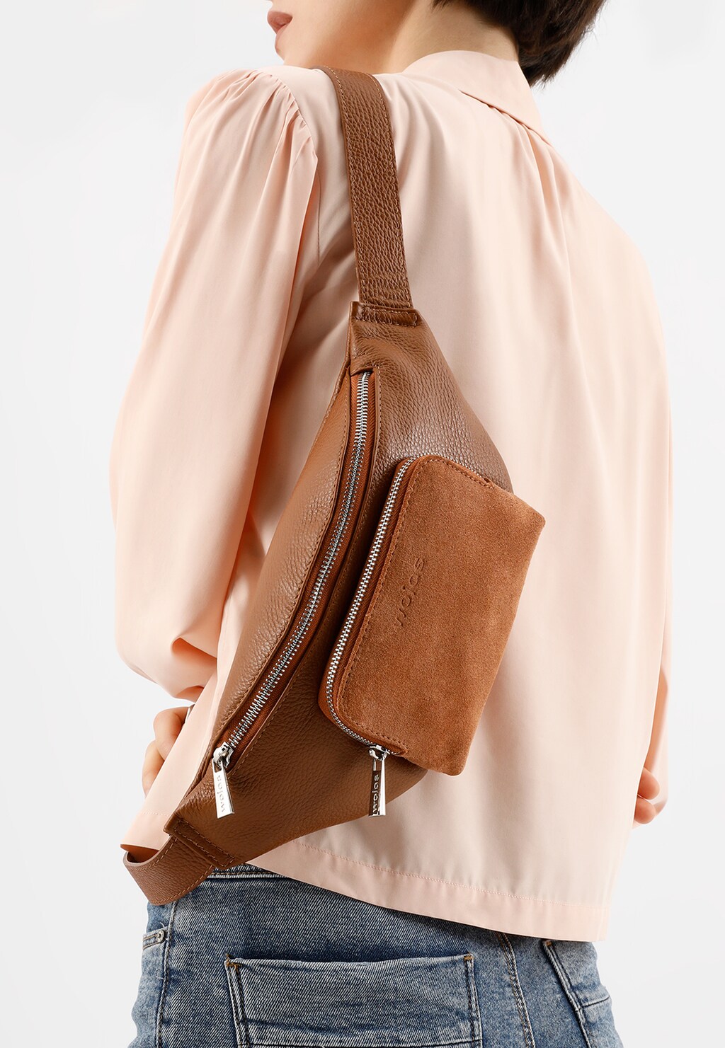 Jasnobrązowa nerka damska z połączenia skóry licowej i dwoiny welurowej 80194-73 Widok 1