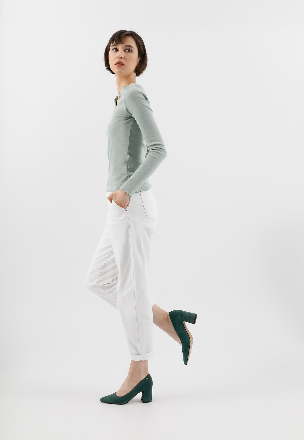 Zielone welurowe czółenka damskie na słupku 35027-67 Widok 1