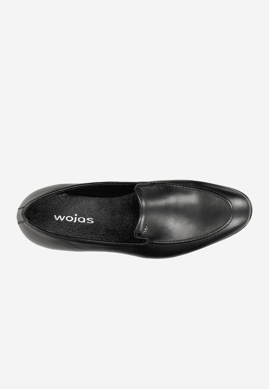 Czarne eleganckie loafersy męskie Wojas model 10004-51 z widocznym logo na wkładce, widok z góry pokazujący charakterystyczny apron toe i wsuwany design.