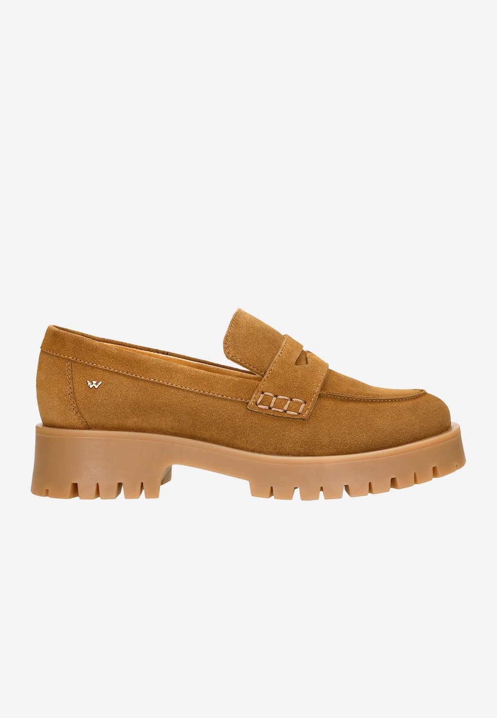 Jasnobrązowe damskie mokasyny Wojas model 46124-63 z dwoiny welurowej, z charakterystycznym paskiem na przodzie i grubą, profilowaną podeszwą w tym samym odcieniu brązu.