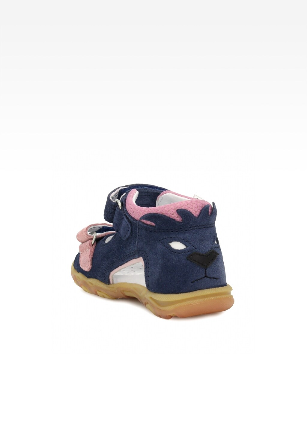 Dziewczęce sandały BARTEK 115990-03 w granatowym kolorze z różowymi elementami, zapinane na rzep, z uroczą aplikacją w kształcie kotka na tylnej części buta.