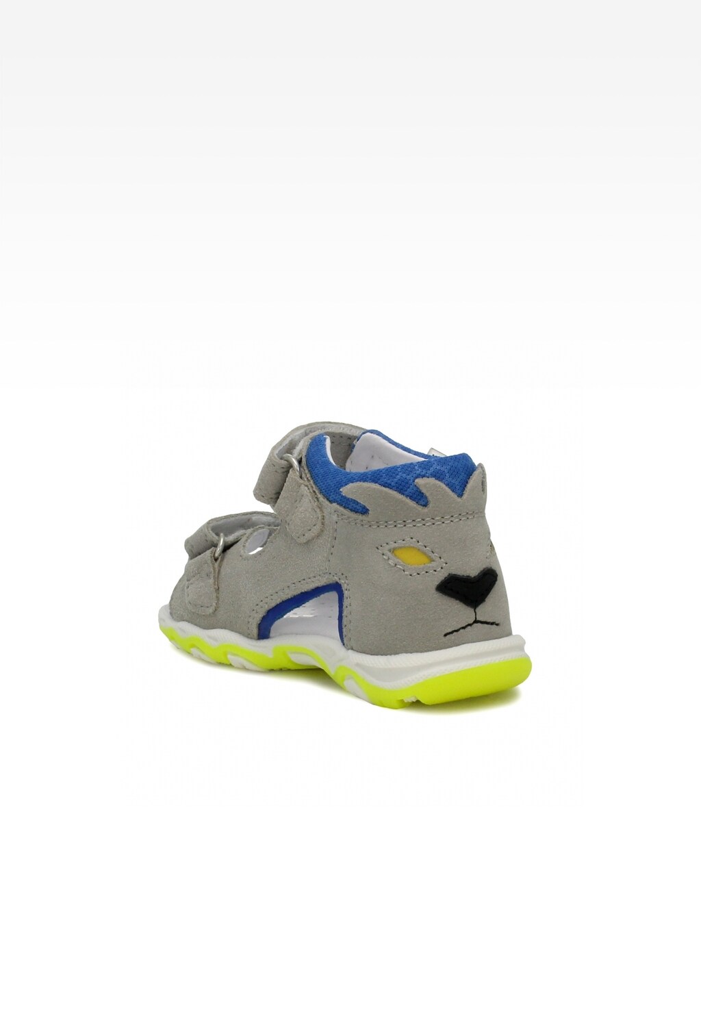 Szare sandały dziecięce Bartek 115990-04 dla chłopców z motywem lwa, niebieskimi akcentami i żółtą podeszwą, zapinane na rzepy, widok z boku.